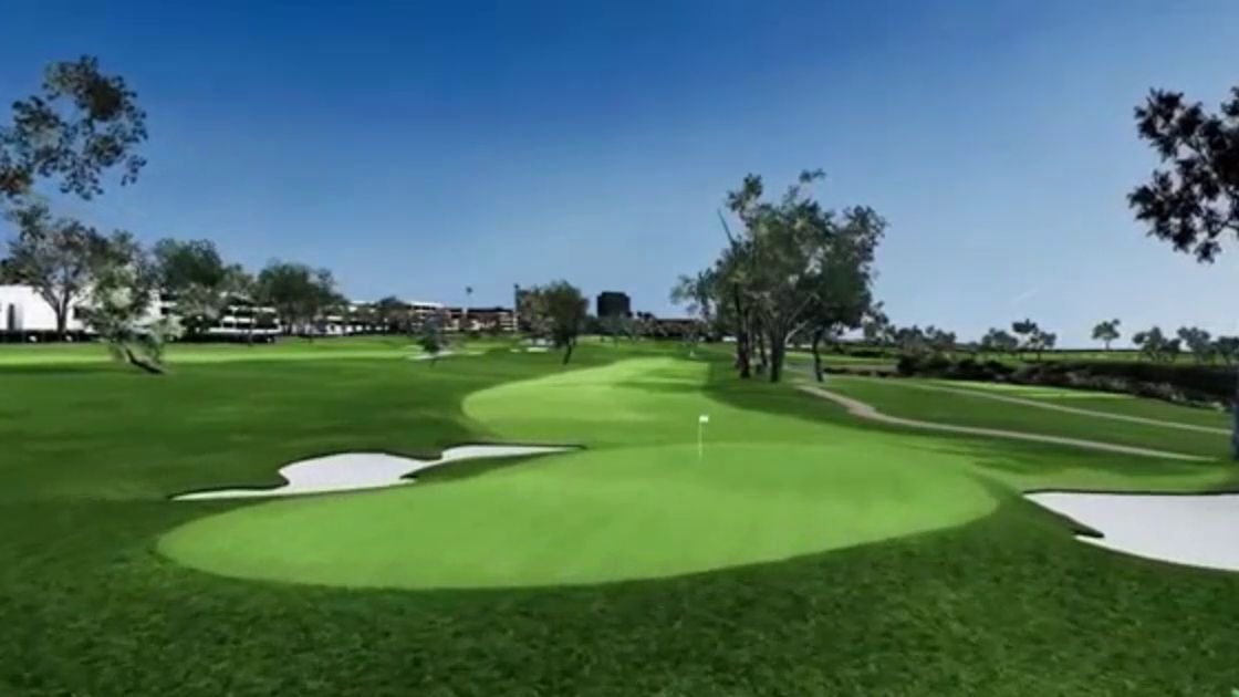 A simulated golf green with bunkers