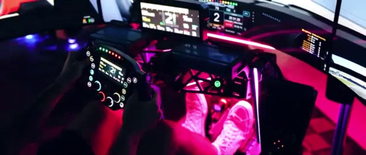 Inside a racing simulator cockpit